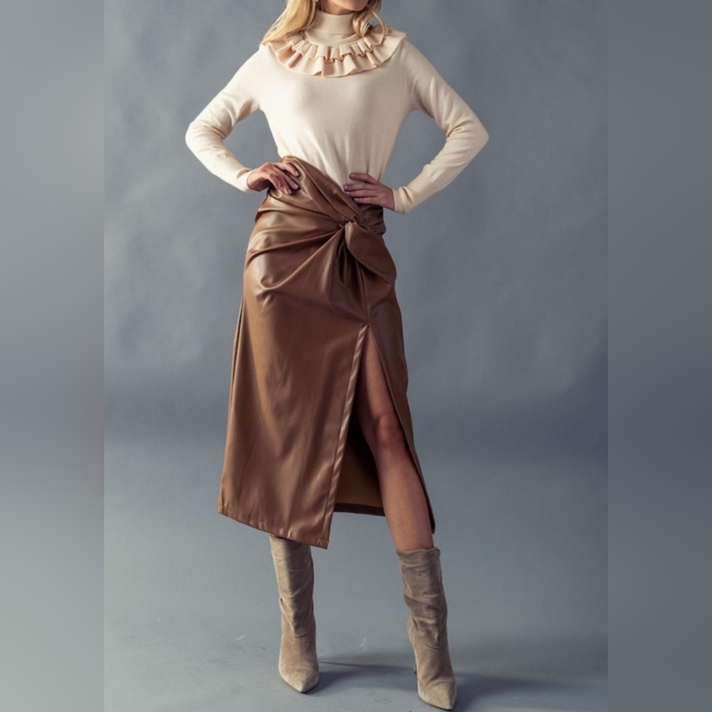 #18324 🛑S BOHO SEXY VEGAN LEATHER KNOTTED SIDE SLIT LONG SKIRT - Picture 5 of 7
